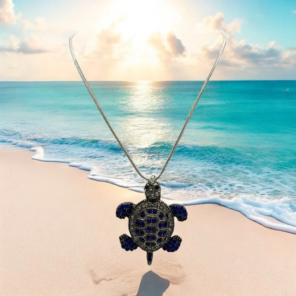 Silver and Blue Rhinestone Turtle Pendant Necklace